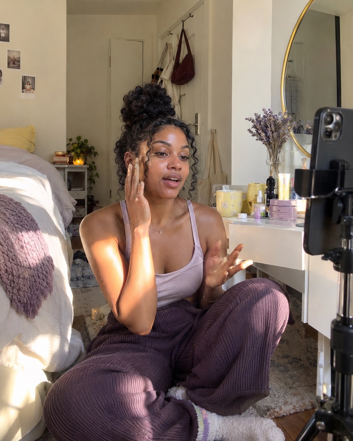 A woman filming a casual skincare video at home